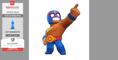 A muscular, masked wrestler character pointing upward, wearing blue and brown attire with a star belt.
