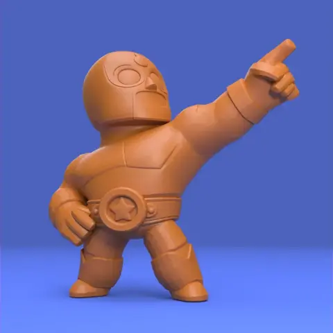 A muscular character in a luchador outfit, striking a dynamic pose with one arm pointing upwards.