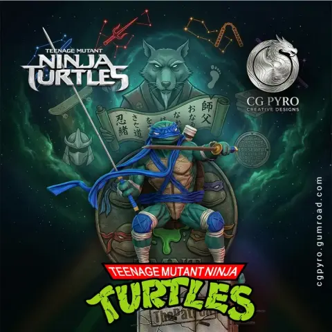 Blue-masked turtle warrior holding a katana, standing on a cracked stone pedestal.