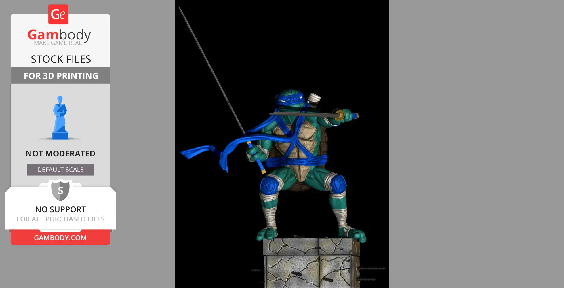 Blue-masked turtle warrior with a sword, stands on a stone base, ready for action.