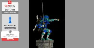 A turtle warrior in blue, wielding swords on a stone platform, ready for battle.