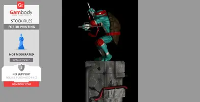 A detailed 3D model of a turtle humanoid with red mask, wielding twin sai, standing atop a cracked pillar.