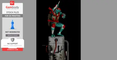 A turtle warrior with red bandana holds a weapon, crouching on a damaged concrete pillar.