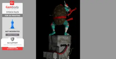 Turtle warrior with red bandana on a stone pedestal, dynamic pose, holding weapons.
