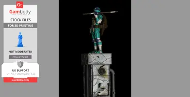 A 3D model of Donatello from TMNT, standing on a cracked stone pedestal with a staff on his shoulder.