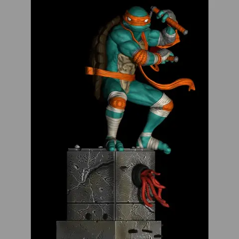 Teenage Mutant Ninja Turtle Michelangelo action figure posed on a textured base, ready for 3D printing.