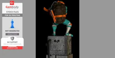 Teenage Mutant Ninja Turtle figure with shell and orange bandana on a textured pedestal, ready for 3D printing.