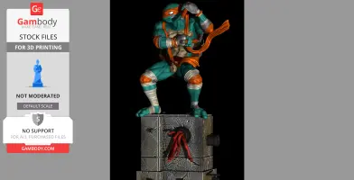 Teenage mutant ninja turtle wielding nunchaku, posed dynamically on a stone pedestal.