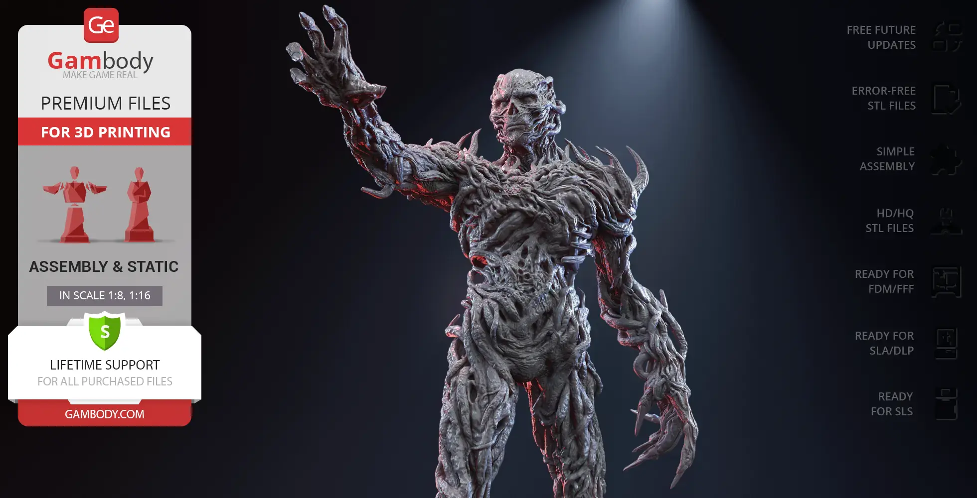 Grotesque humanoid with twisted, bark-like texture, one arm raised, suitable for 3D printing.