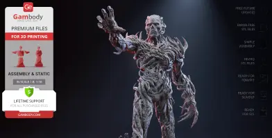 A detailed 3D model of a gnarled, humanoid figure with extended arm, posed for 3D printing.