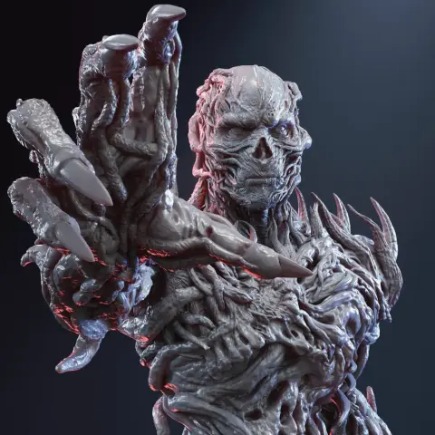 Grotesque, skeletal humanoid figure with elongated fingers and textured, vein-like surface reaching forward.