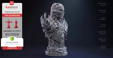 A detailed, organic-textured bust with intricate, vine-like elements extending from the figure.