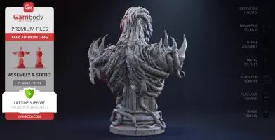 A detailed bust with intricate, twisting tendrils and spiky protrusions on a pedestal.