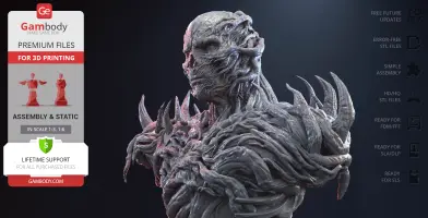 A detailed, textured 3D bust of a creature with a twisted, organic design, featuring spikes and sinewy features.