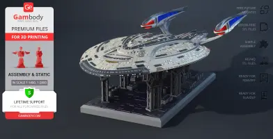 USS Enterprise NCC 1701-F 3D model on display stand, with details for 3D printing highlighted.