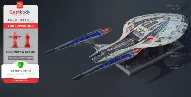 Futuristic spaceship model with sleek design and vibrant blue accents on display platform.