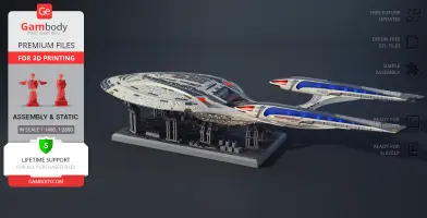 USS Enterprise NCC 1701-F 3D model displayed for printing, with intricate details and stand.