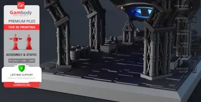 Futuristic 3D model platform with arch structures and a glowing blue light, designed for 3D printing.