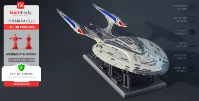 3D model of USS Enterprise NCC 1701-F on a display stand, designed for 3D printing.