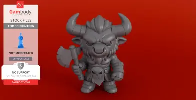 Chibi Minotaur 3D model with axe, features cartoonish style and intricate armor details.