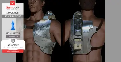 Bust of a muscular figure wearing sci-fi metallic armor, back and front views.