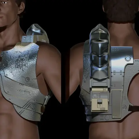 Futuristic metallic armor vest with intricate details, front and back view, for 3D printing.
