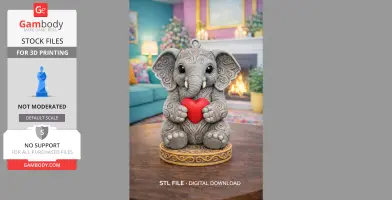 A cute, ornate elephant pendant holding a red heart, designed for 3D printing.