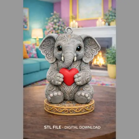 A cute elephant figurine holding a red heart, with ornate ears and a decorative base.