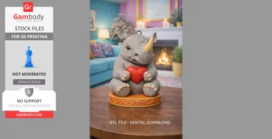 Cute rhino figurine holding a red heart, sitting on a decorative base in a cozy living room setting.