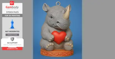 Cute rhino figurine holding a red heart, sitting on ornate base, with loop for hanging.
