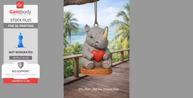 Cute rhino figurine holding a red heart, hanging from a rope. Ocean and palm trees in the background.