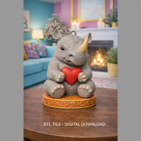 Cute rhino figurine holding a red heart, sitting on a decorated base with a loop on top.