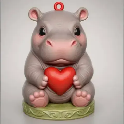 Cute hippo figurine holding a red heart, designed as a pendant for 3D printing.