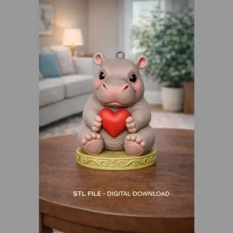 Cute hippo figurine holding a red heart, designed as a pendant for 3D printing.