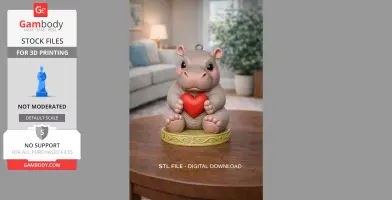 Cute hippo pendant holding a red heart, sitting on a decorative base, suitable for 3D printing.