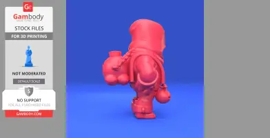 Red 3D model of a character from 'Brawl Stars,' featuring a backpack and holding an object, set against a blue background.