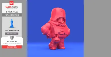 A 3D print model of a character in a hooded outfit with bulky arms and a skull emblem, from Brawl Stars.
