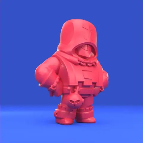 A stylized 3D model of a bulky, armored character in a pose with arms on hips, wearing a helmet and gear.