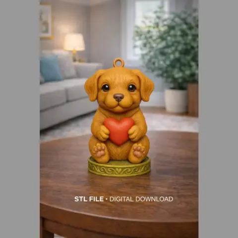 A cute puppy figurine holding a red heart, designed as a pendant for 3D printing.
