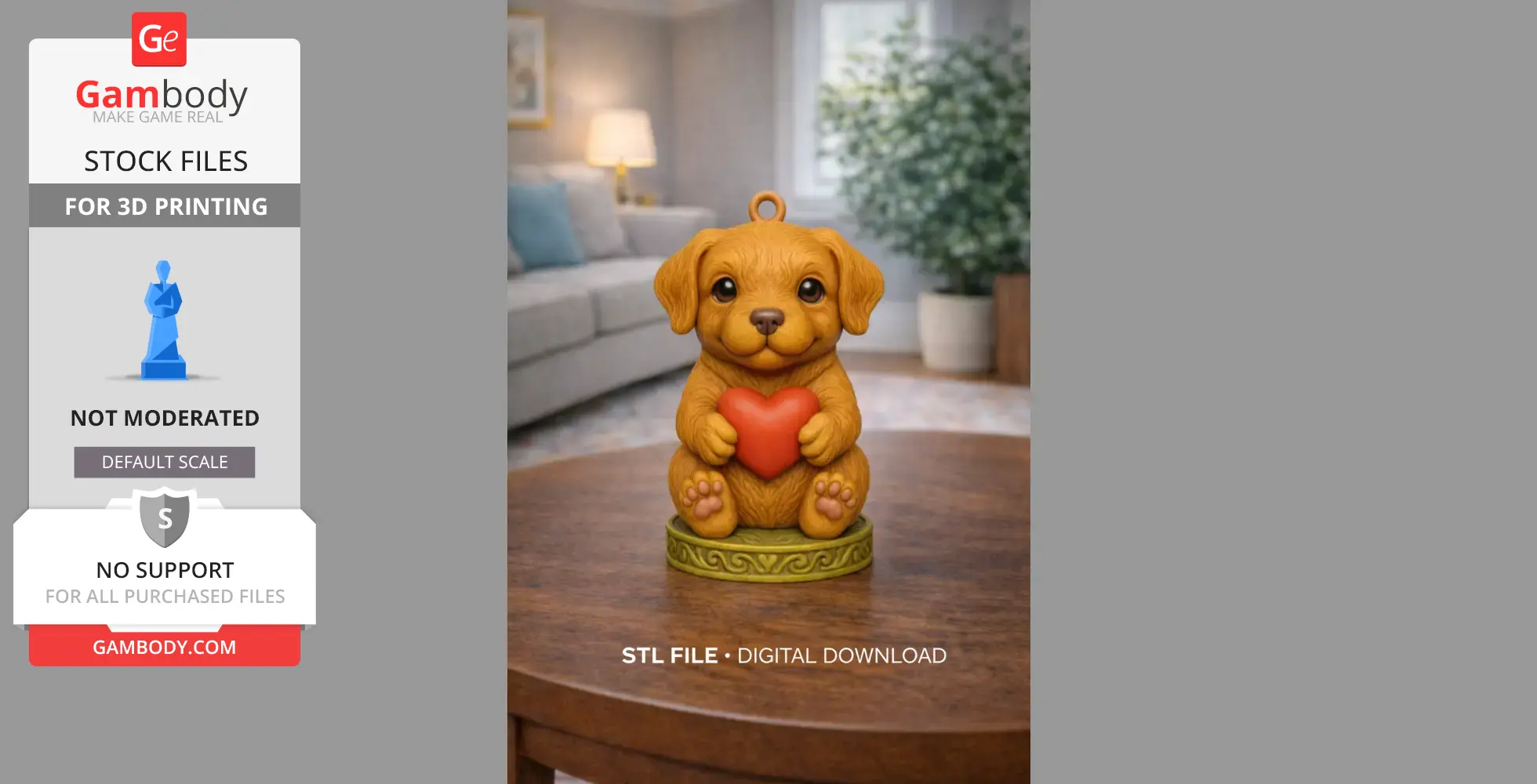 A cute puppy pendant holding a heart, sitting on a decorative base, designed for 3D printing.