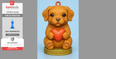 Cute puppy pendant holding a red heart on a detailed base, designed for 3D printing.