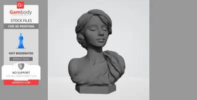 A 3D-printed female bust with closed eyes and draped clothing on a pedestal.