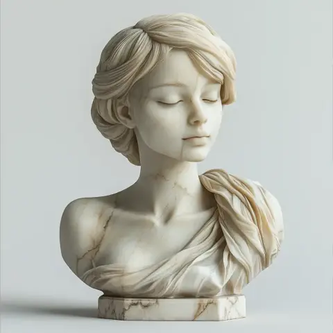 A marble bust of a woman with closed eyes, detailed hair, and draped clothing on a circular base.