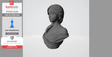 A 3D printed female bust with draped clothing and wavy hair, eyes closed, viewed in profile.