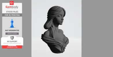 A 3D printed bust of a woman with flowing hair and draped clothing, eyes gently closed.