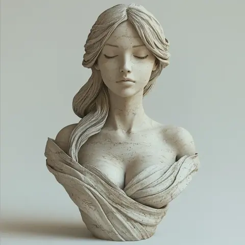 A serene female bust with closed eyes, detailed hair, and draped clothing, suitable for 3D printing.