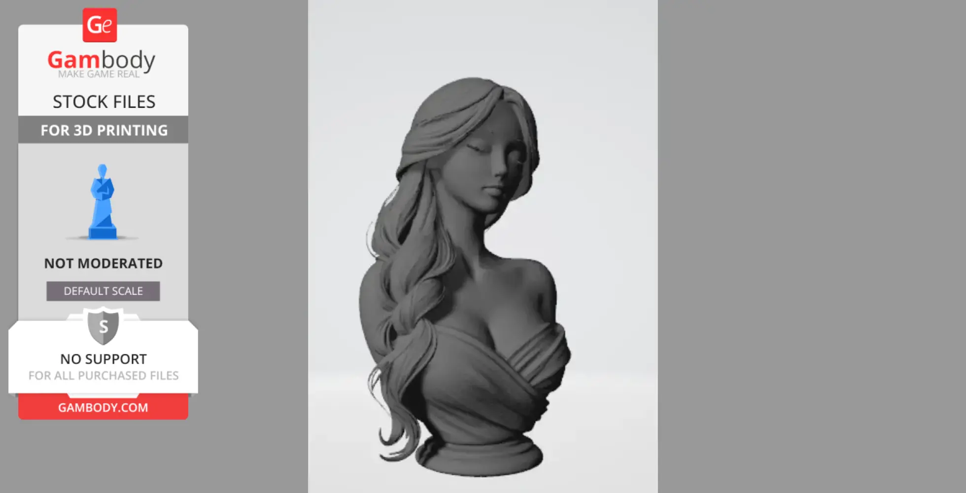 A 3D printed bust of a serene woman with long, flowing hair and draped clothing.