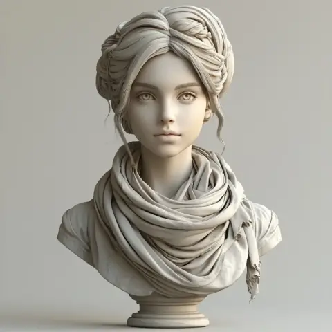 A detailed 3D bust of a woman with braided hair and a draped scarf.