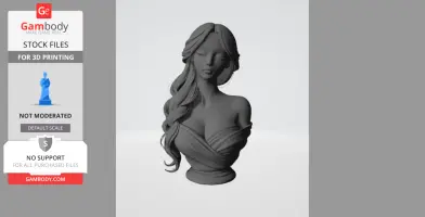 3D model of a serene female bust with flowing hair and a draped top, designed for 3D printing.