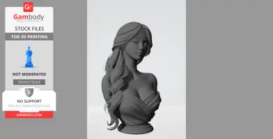 A detailed 3D-printed female bust with long, flowing hair and crossed drapery over the chest.